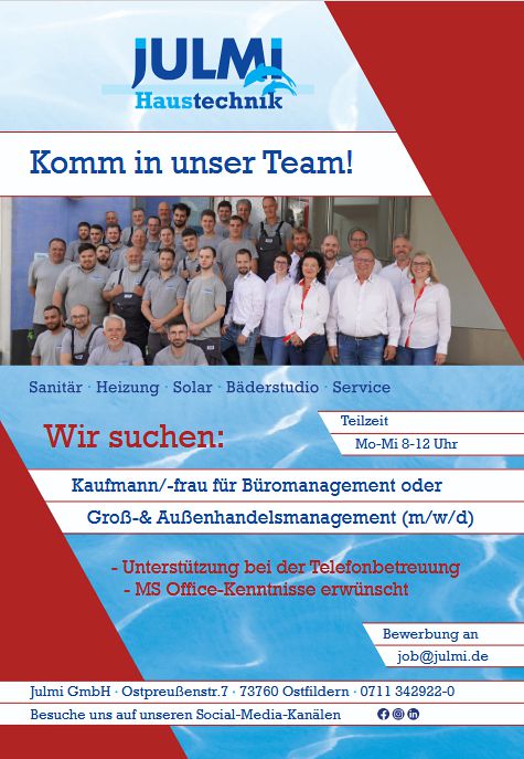 Stellenzeige Kfm. MitarbeiterIn in Teilzeit bei Julmi